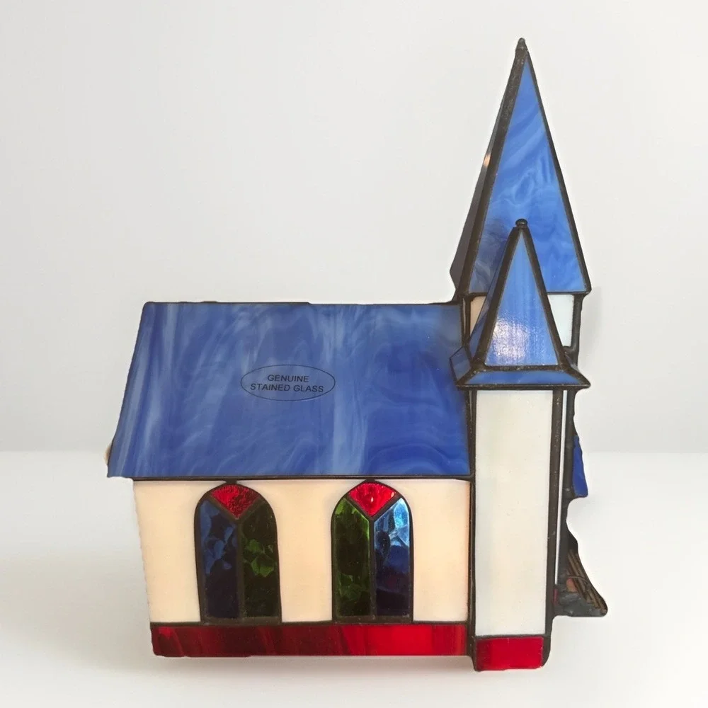 Vtg Tiffany Style Xmas Stained Glass Village Victorian Houses Church Replacement